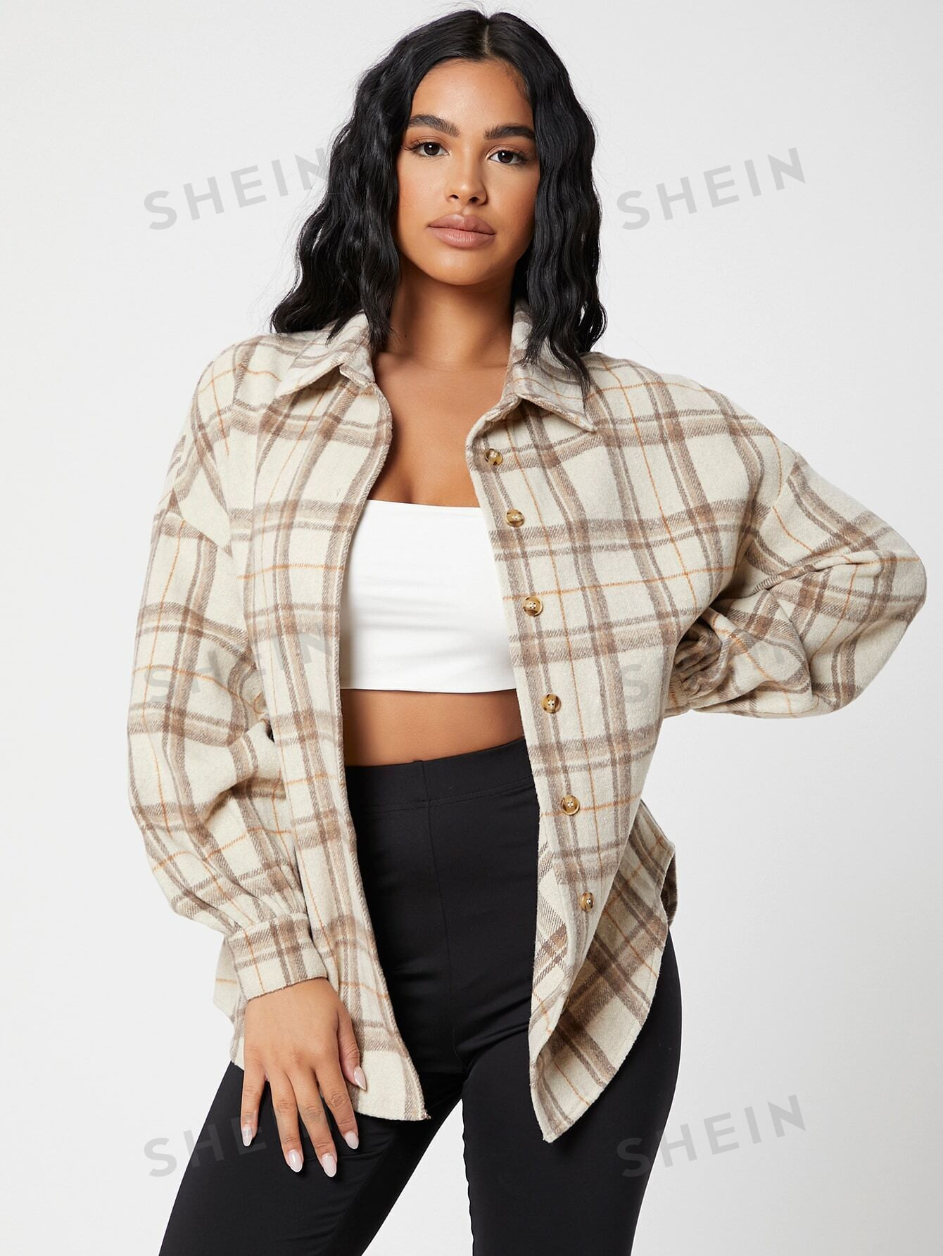 SHEIN PETITE Plaid Drop Shoulder Button Front Blouse | SHEIN