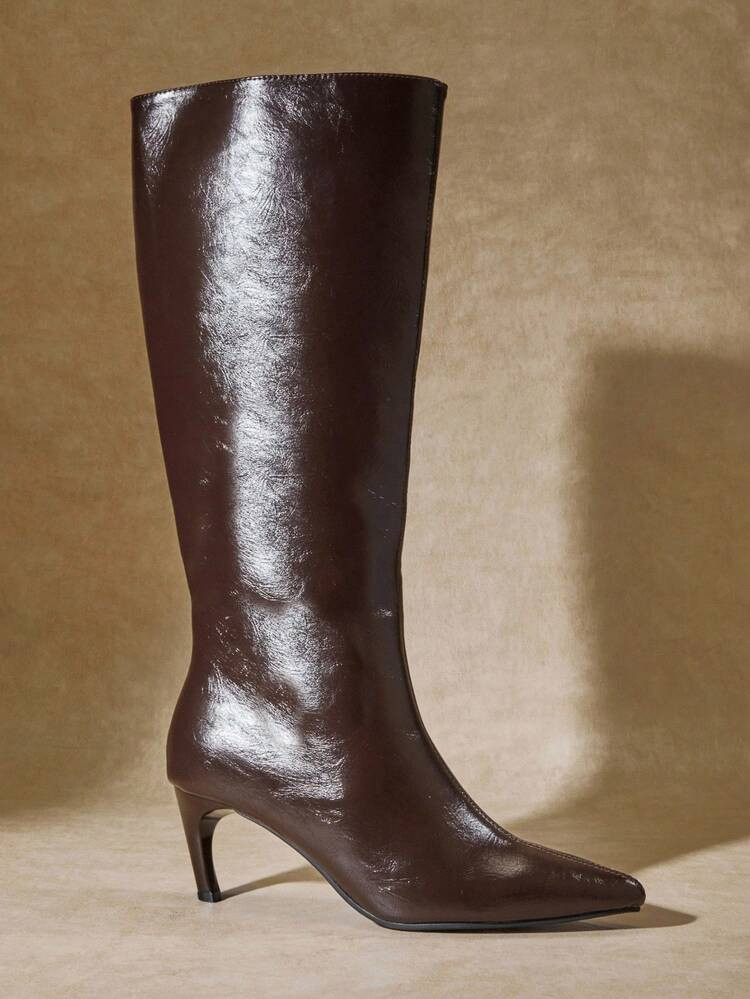 SHUZIA #Y2K Women's Perfectly Pointed Toe, Vintage-Inspired Seaming & Side Zipper Premium Oil-Finished PU Chocolate Kitten Heel Tall Boots–Elegant, Chic & Easy To Wear For Christmas | SHEIN