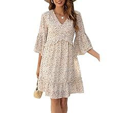 Manydress Womens V Neck Chiffon 3/4 Ruffle Bell Sleeve Dress Casual Flowy Boho Party Dresses MY11... | Amazon (US)