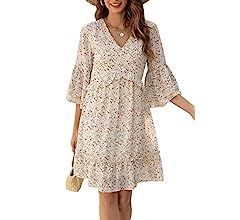 Manydress Womens V Neck Chiffon 3/4 Ruffle Bell Sleeve Dress Casual Flowy Boho Party Dresses MY11... | Amazon (US)