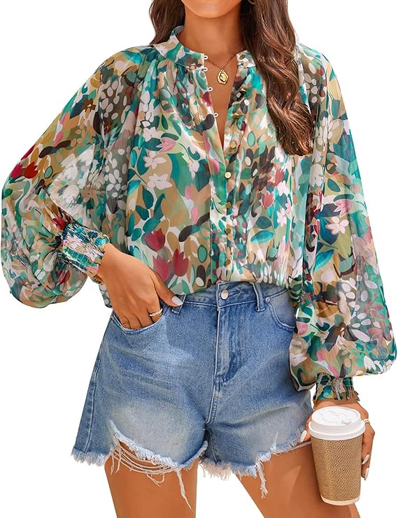 ZESICA Women's Floral Print Blouse 2025 Long Sleeve Button Down Casual Fall Boho Oversized Tops S... | Amazon (US)