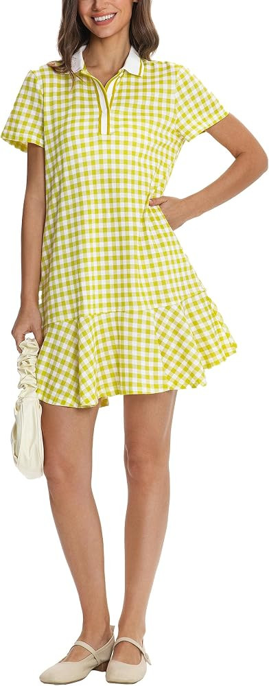 D-Sun Women Polo Mini Dress Casual Golf Tennis Gingham V Neck Collared Short Sleeves Plaid Ruffle... | Amazon (US)