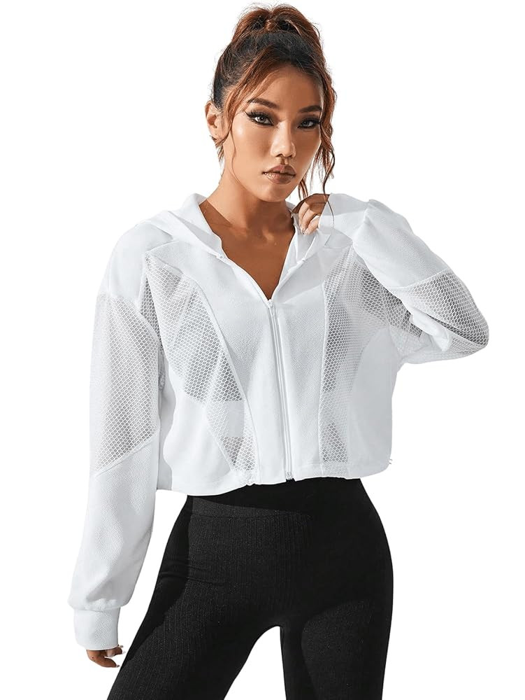 SweatyRocks Women's Activewear Long Sleeve Sheer Mesh Hooded Full Zip Sports Track Jacket | Amazon (US)
