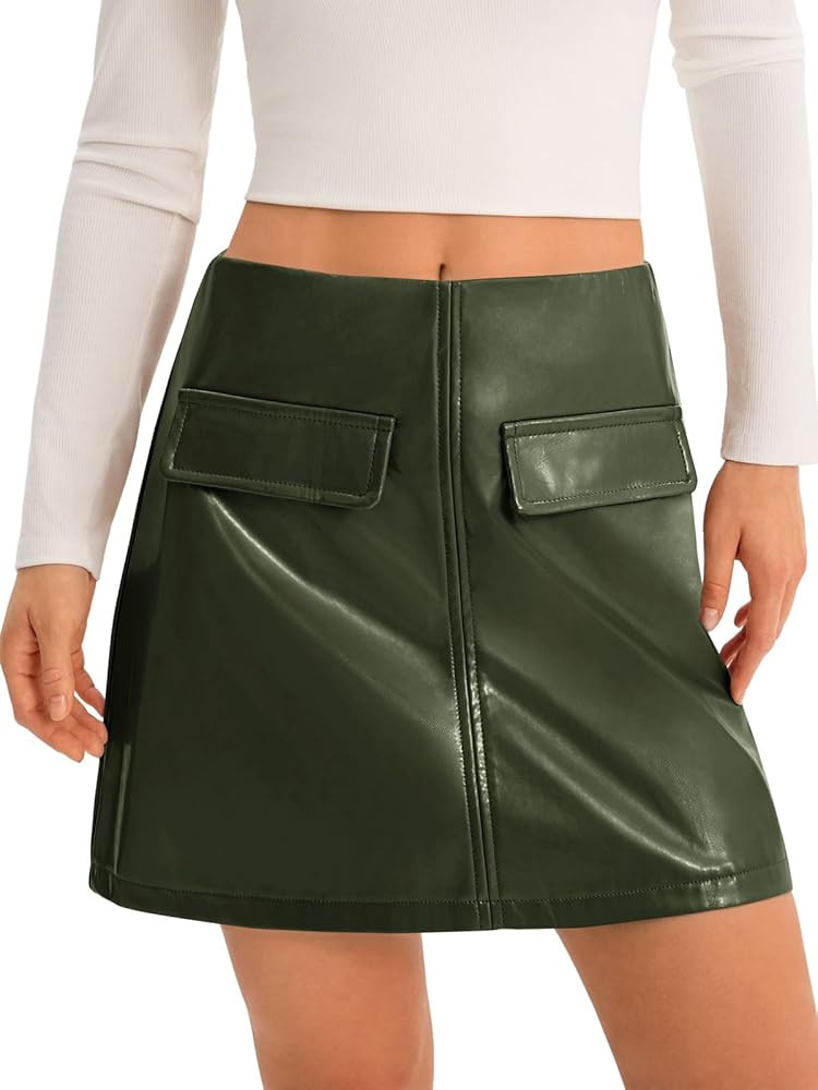 Yousify Womens Faux Leather Mini Skirts High Waisted A-Line Fall Short Skirt with Pockets | Amazon (US)