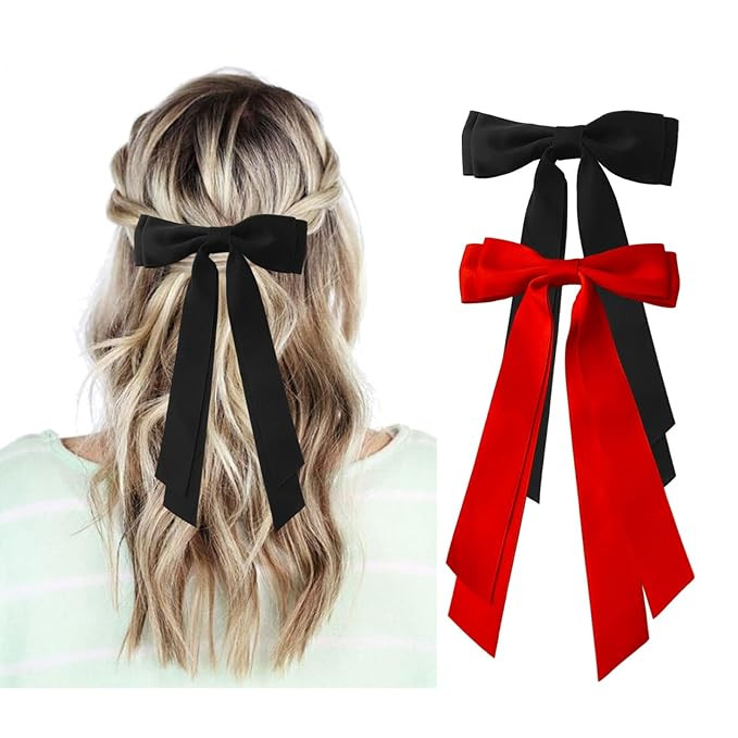 Red and Black Hair Bows for Women - 2Pcs Silkly Satin Hair Ribbon Bow with Metal Clips Hair Acces... | Amazon (US)