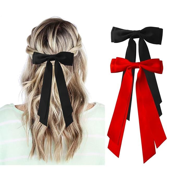 Red and Black Hair Bows for Women - 2Pcs Silkly Satin Hair Ribbon Bow with Metal Clips Hair Acces... | Amazon (US)