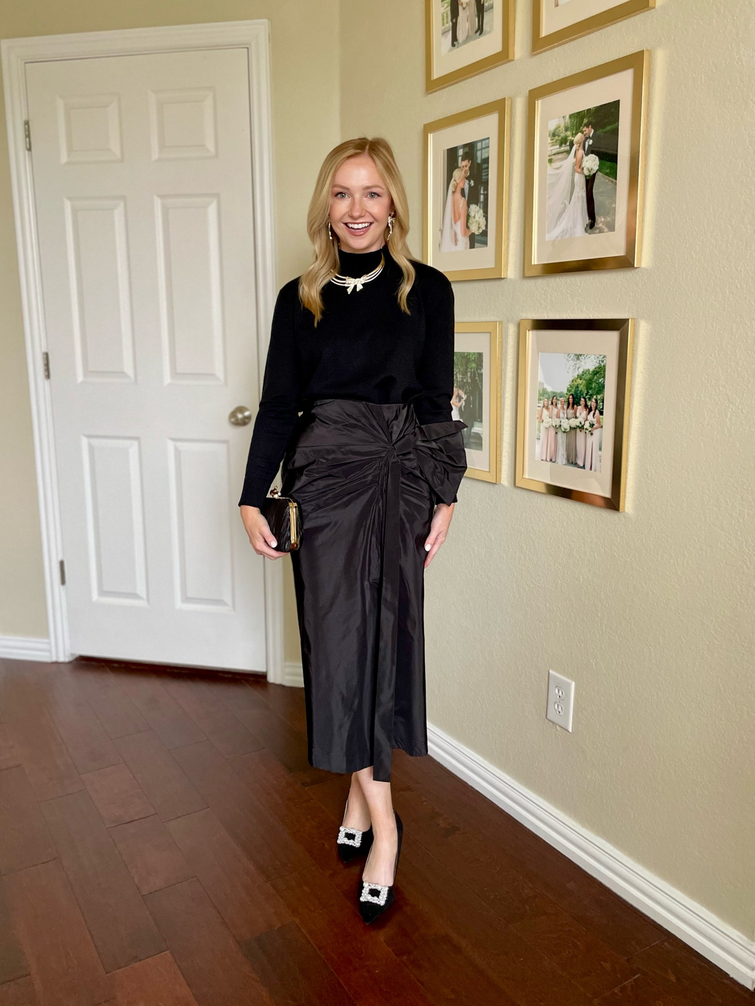 This skirt runs large! Wearing a 0 and XS in top | bow skirt, black skirt, midi skirt, holiday outfit, holiday party outfit 

#LTKStyleTip #LTKSeasonal #LTKHoliday