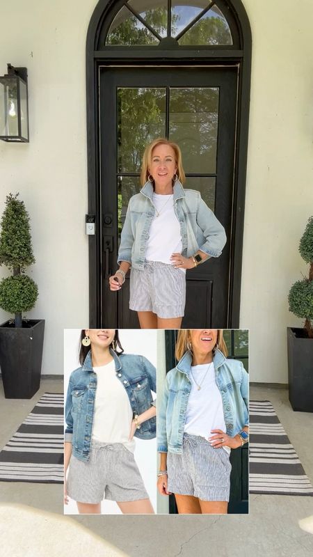 Trying to recreate this look, I bet you can too! 
Striped Linen Shirts wearing XXS tts

Crew neck tee XS tts

Denim jacket (mine is several years old and no longer available, I’m linking a similar style)

Sandals, hoops, Lagos bracelets, Kendra Scott Apple Watch Band



#LTKfindsunder50 #LTKover40 #LTKstyletip