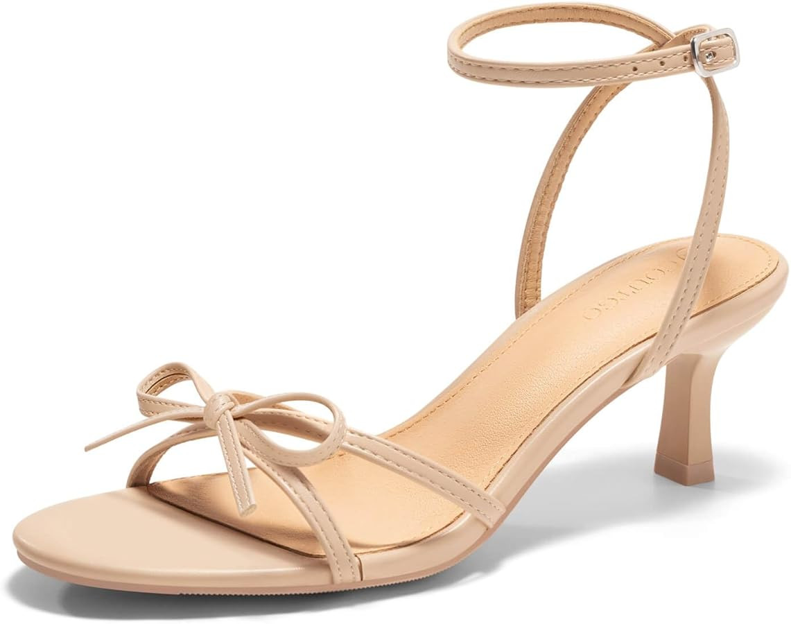 Coutgo Womens Kitten Low Heels Bow Sandals Open Toe Buckle Ankle Strap Wedding Party Dress Shoes | Amazon (US)