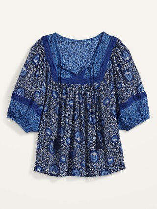 Elbow-Length Split-Neck Floral-Print Poet Swing Blouse for Women | Old Navy (US)