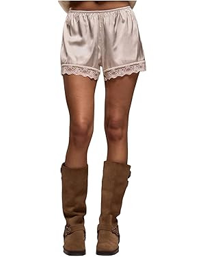 Women's Lace Trim Satin Shorts Shiny Elastic Waist Mini Shorts French Knickers | Amazon (US)