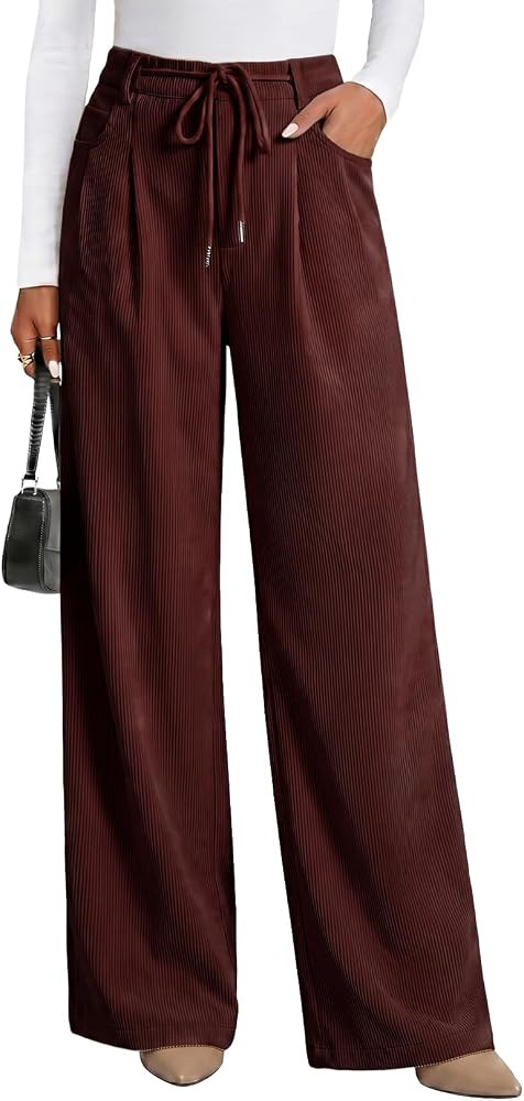 Sidefeel Corduroy Pants Women Wide Leg High Waisted Drawstring Baggy Pants | Amazon (US)