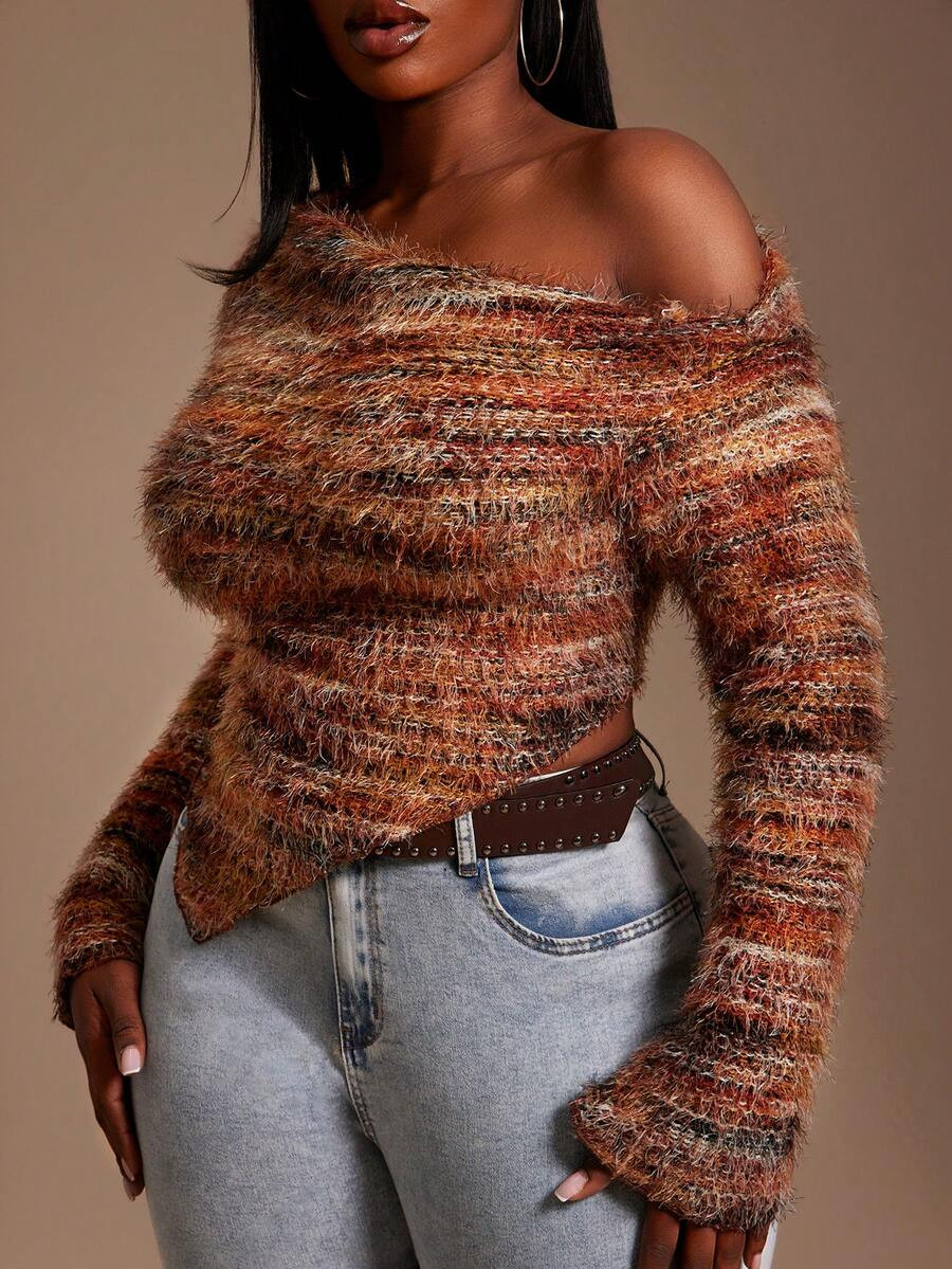 Radiana Plus Size Women Fall/Winter Spring & Summer Striped Asymmetric Hem Long Sleeve Fitted Fas... | SHEIN