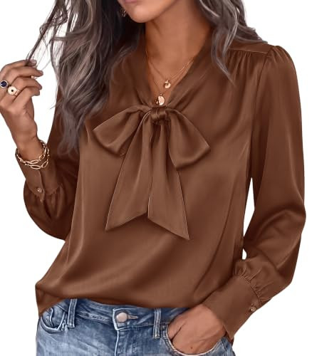 BTFBM Women Satin Blouses Bow Tie Work Business Casual Tops,Brown,XXL | Amazon (US)