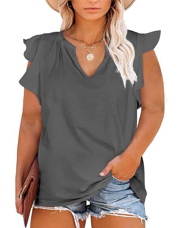 Eytino Womens Plus Size Tank Tops Summer Casual V Neck Ruffle Sleeve Blouse Shirts(1X-5X) | Amazon (US)