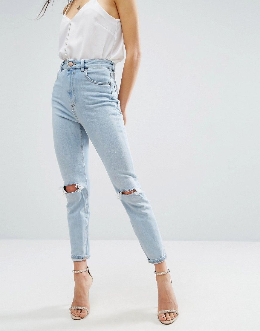 ASOS FARLEIGH High Waist Slim Mom Jeans In Beech Light Stonewash with Busted Knees and Chewed Hems - Blue | ASOS US