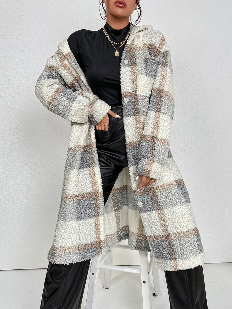 Plaid Pattern Drop Shoulder Split Hem Coat | SHEIN