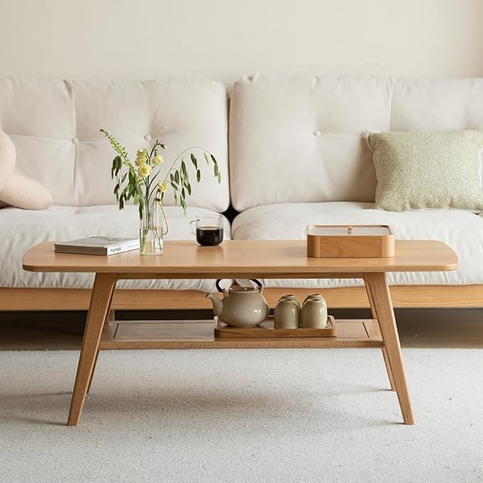 100% Solid Wood Coffee Table for Living Room, 39.37" Mid Century Modern Small Tables with Shelf S... | Amazon (US)