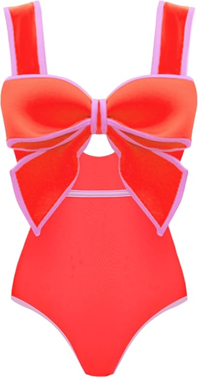 FLAXMAKER Women's Bow-tie Swimsuits Decor Shoulder Straps One Piece Swimwear Bathing Suit | Amazon (US)