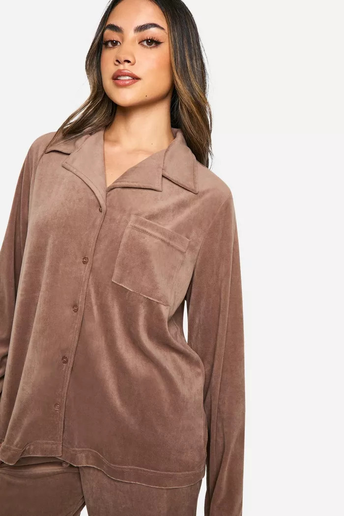 Velour Fleece Button Up Trouser Pj Set | Boohoo.com (UK & IE)