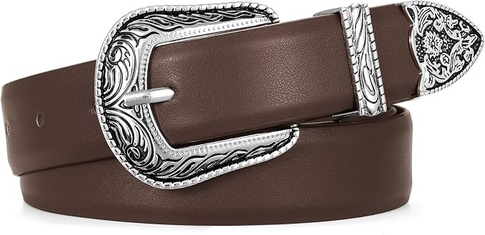 SUOSDEY Western Women Leather Belts for Jeans Dresses with Vintage Metal Buckle | Amazon (US)