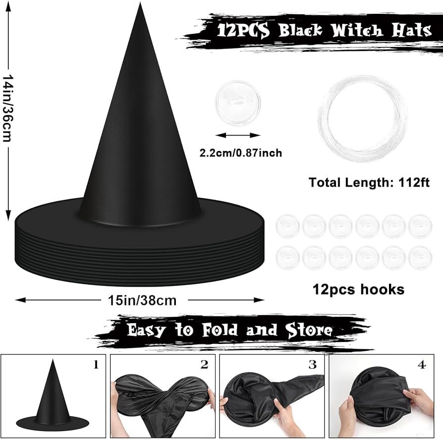 12pcs Halloween Black Witch Hats Decorations, Thickened Hanging Wizard Hats Bulk Costume Accessor... | Amazon (US)