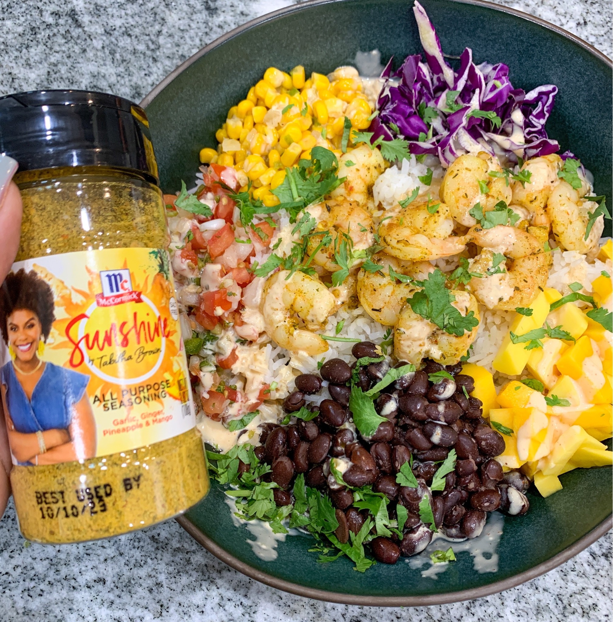 Shrimp Sunshine Bowl with the Sunshine Seasoning from Tabitha Brown. #TabithaBrown #SunshineSeasoning #Foodie #Bowls #Seafood #Kitchenware #HearthandHand @target @amazon 

#LTKhome