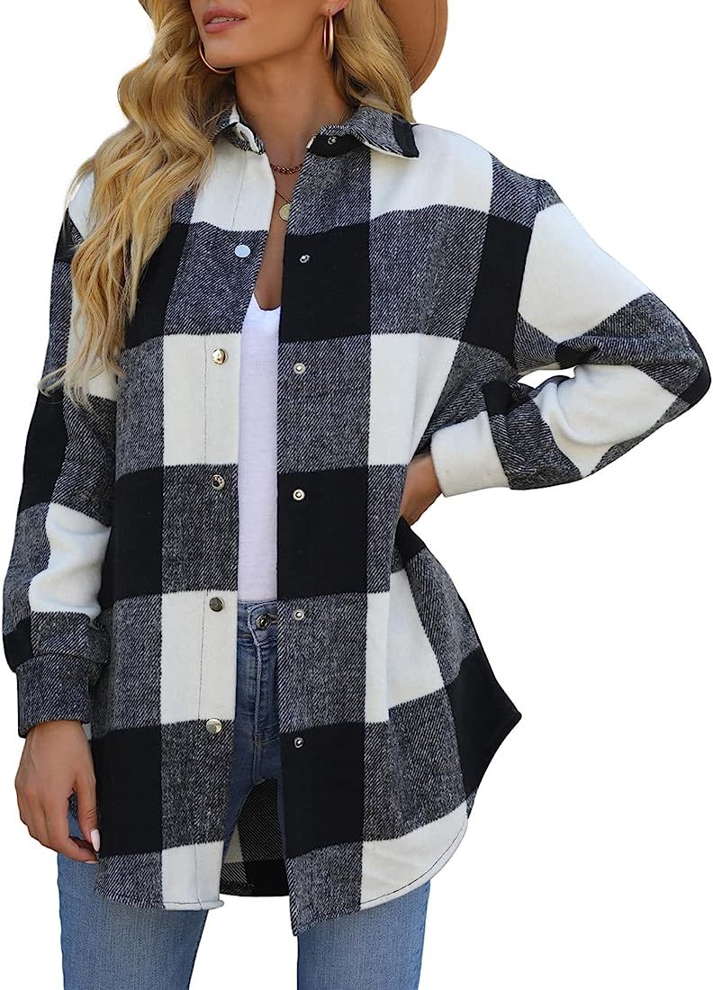 ReachMe Womens Oversized Plaid Jackets Button Down Flannel Shirt Jacket Wool Blend Shacket Coat with | Amazon (US)