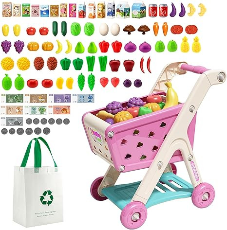 98pcs Kids Shopping Cart Trolley Play Set with Pretend Food and Accessories,Perfect for Ages 3+ P... | Amazon (US)