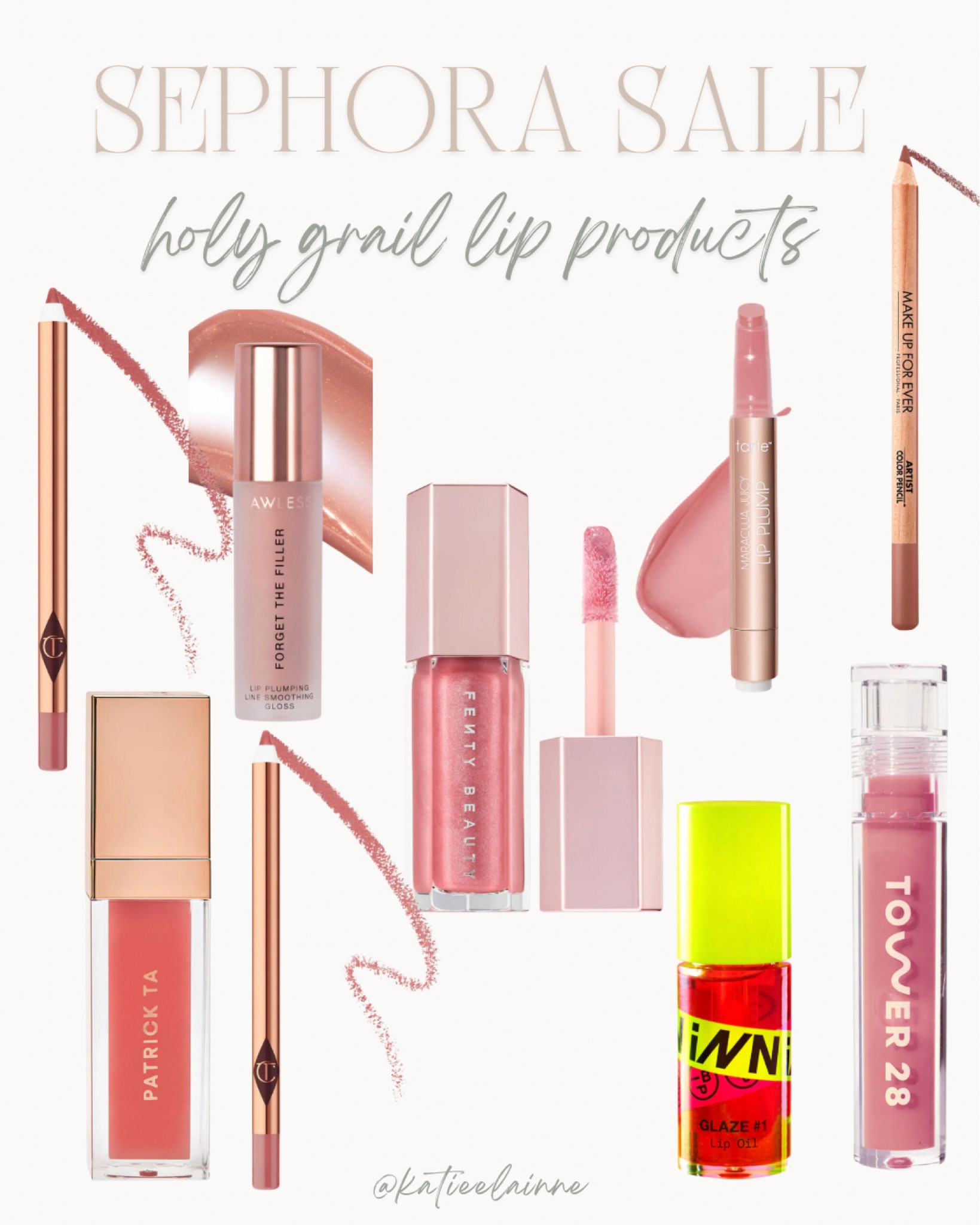 Lawless Forget The Filler in Velvet
Patrick Ta plumping gloss in 2 ccs
Tarte lip plump in Cherry blossom
Inn Beauty Project lip oil in Cherry glaze (THE most hydrating lip oil)
Fenty lip gloss in Fussy
Tower 28 gloss in Pistachio

Favorite lipliners:

Makeup forever in anywhere caffeine
Charlotte Tilbury in Hot Gossip and Love Trap

#LTKxSephora #LTKfindsunder50 #LTKsalealert