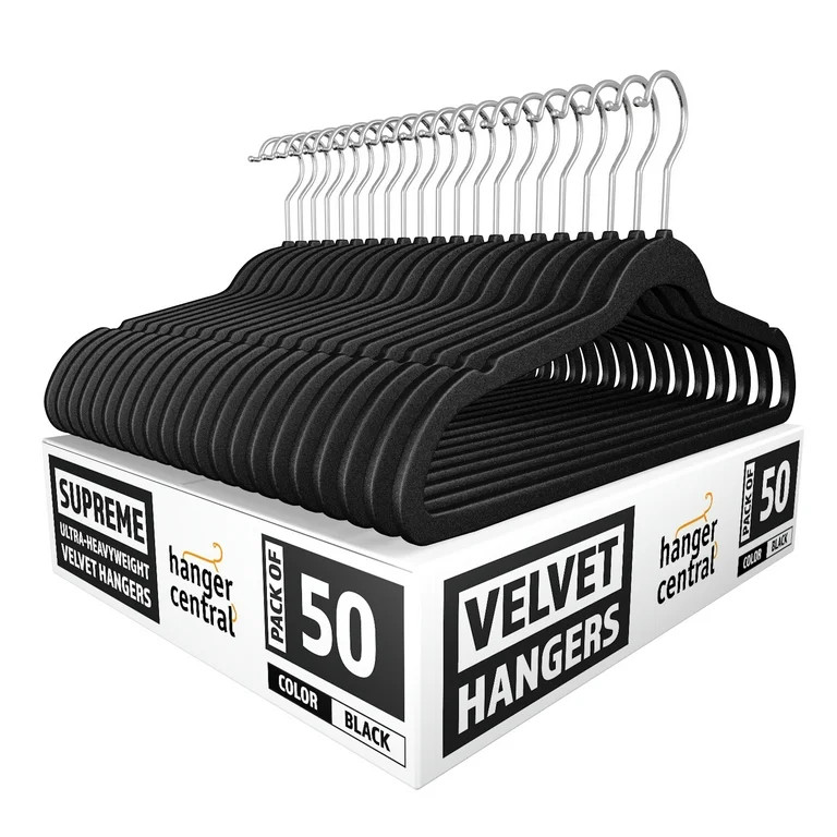 Hanger Central Velvet Heavy Weight Clothing Hanger, 50 Pack, Black | Walmart (US)