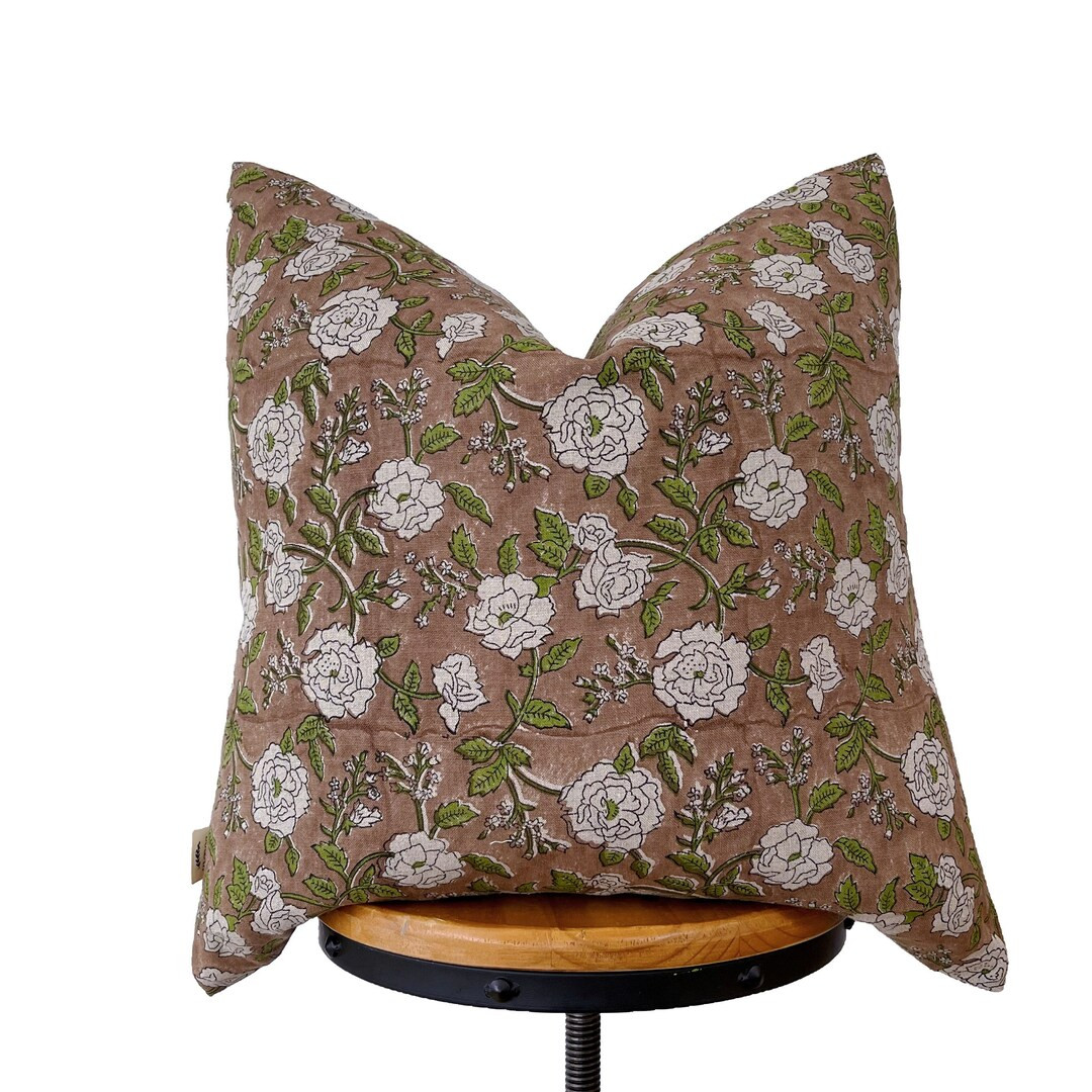Hand block print pillow cover, Rusty/olive green /white floral pillow cover ,Natural linen floral... | Etsy (US)