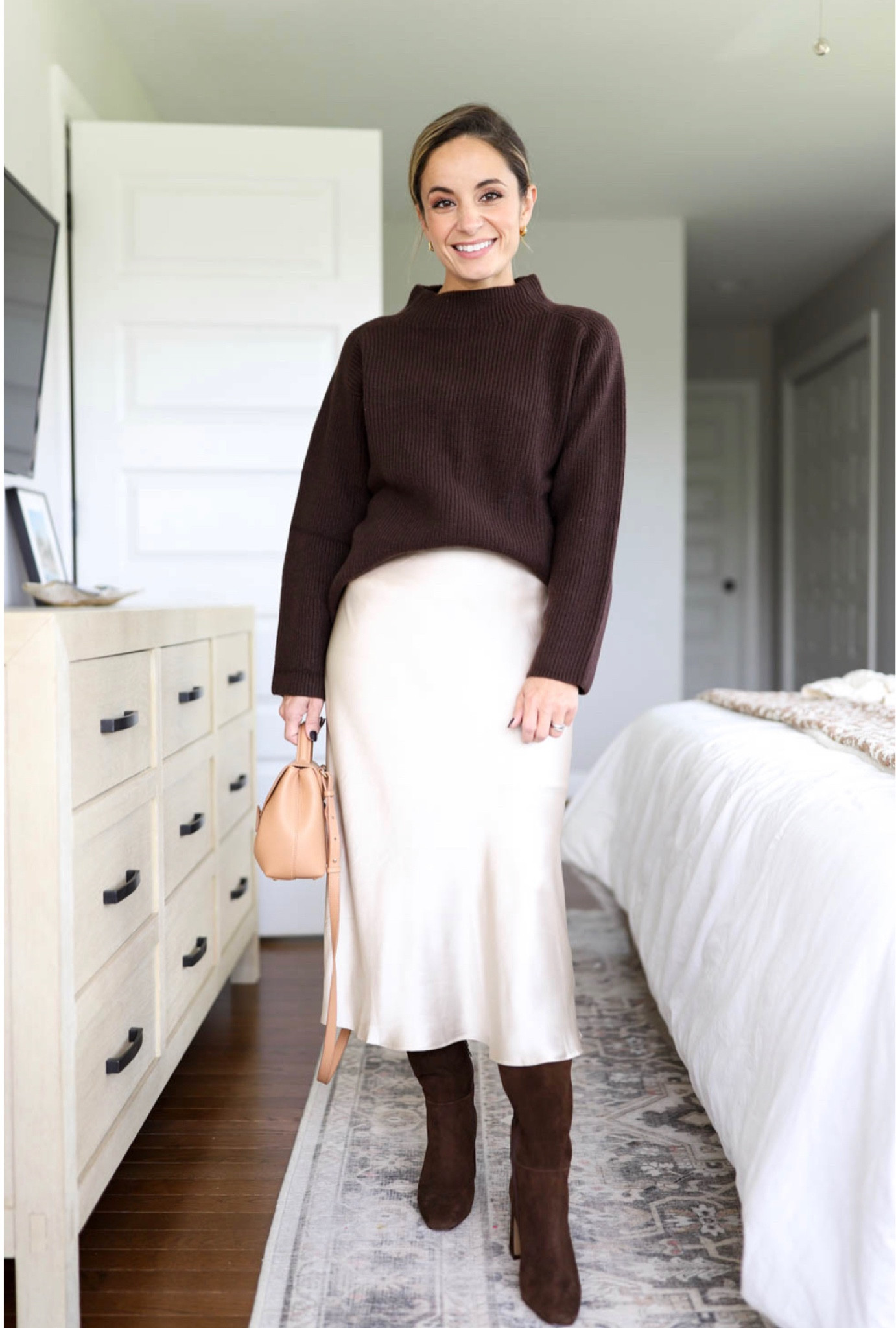 Capsule series: five ways to wear a silk skirt 
Skirt: xs in champagne 
Sweater: petite xxs 
Boots: tts 

#LTKstyletip #LTKSeasonal #LTKworkwear