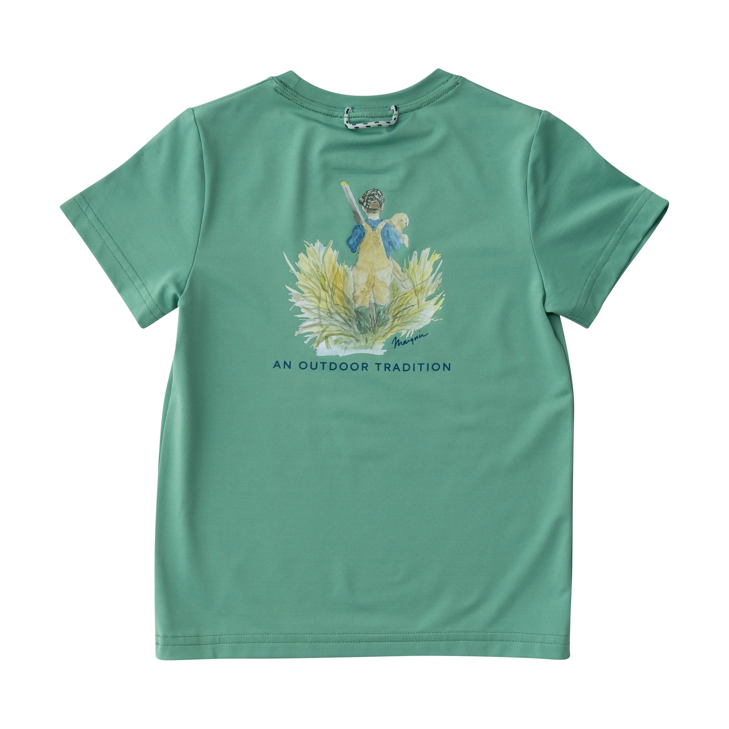 Kids Pro Performance Short Sleeve Fishing T-shirt in Green Spruce Boy and his Lab Puppy | PRODOH
