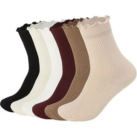 Women's Ruffle Socks,Casual Cute Ankle Socks Breathable Knit Cotton Soft Frilly Crew Socks for Women 6 Pack | Walmart (US)