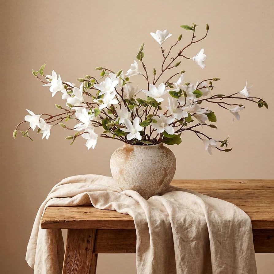 4 Pcs 38 Inch Artificial White Magnolia Flowers 9 Heads Faux Magnolia Flowers Faux Long Stem with... | Amazon (US)
