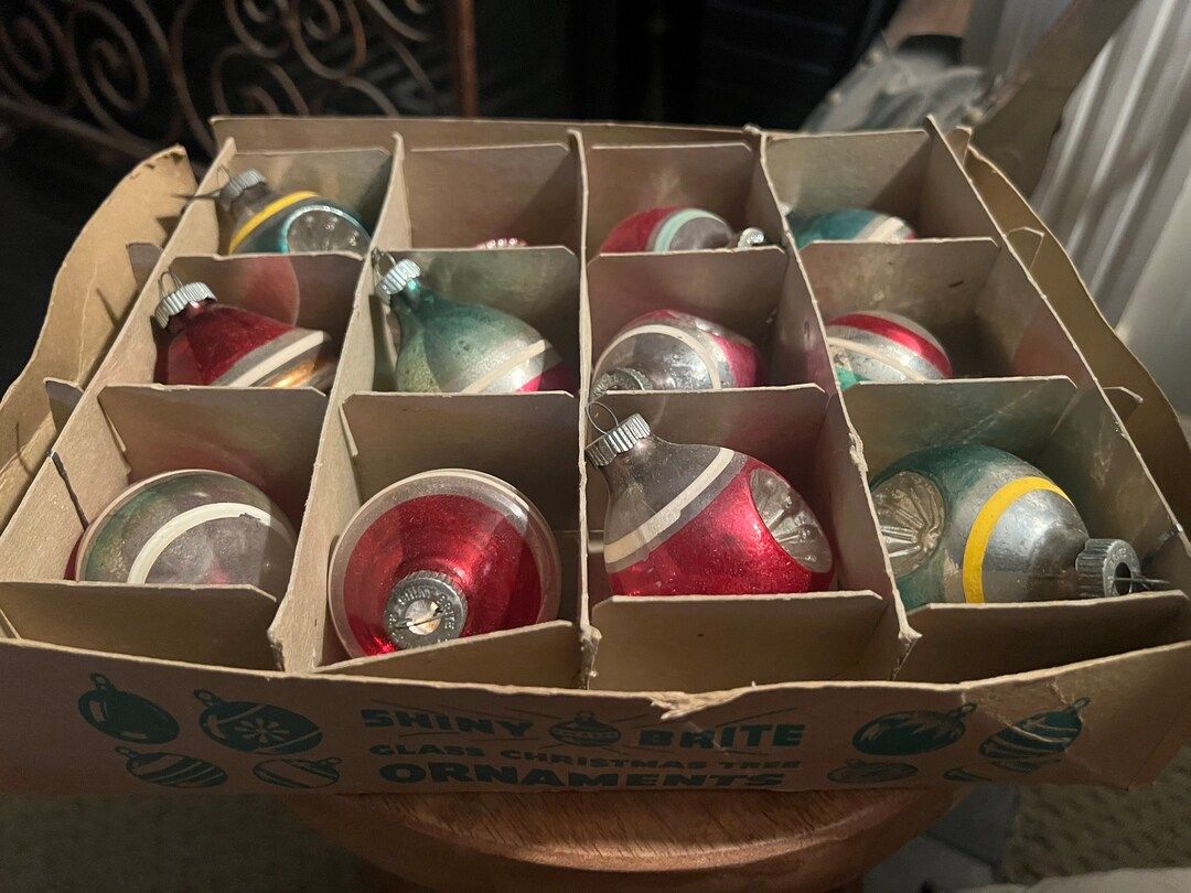 Set of 12 Shiny Brite Vintage Christmas STRIPED GLASS ORNAMENTS | Etsy (US)
