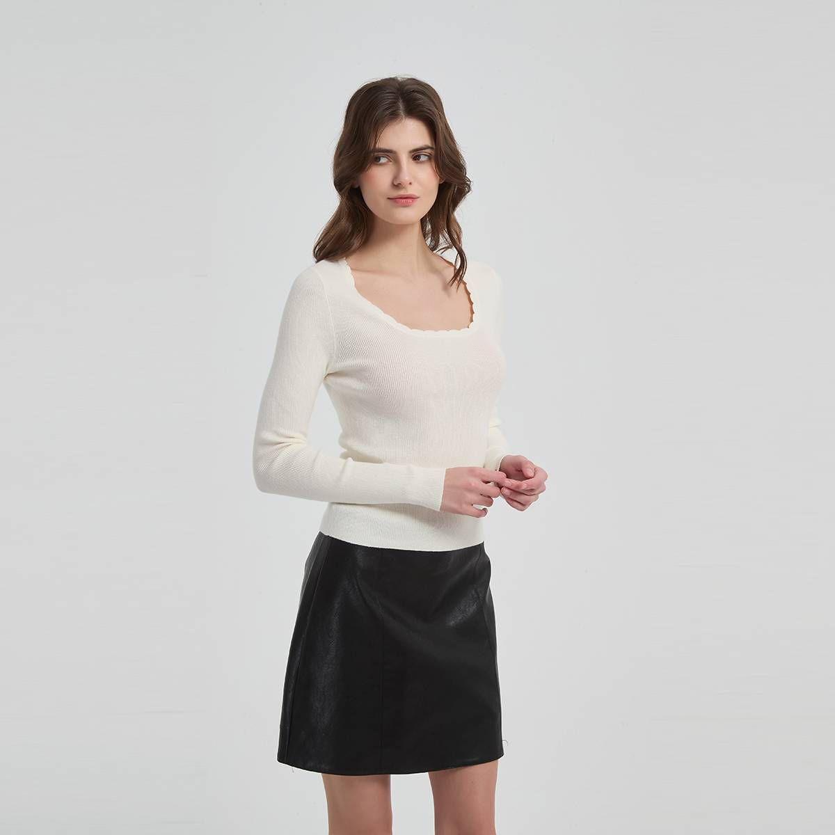 Women's Long Sleeve Scallop Trim Square Neck Top - A New Day™ White M | Target