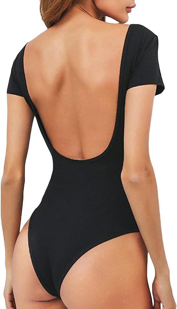 Verdusa Women's Backless Short Sleeve Scoop Neck Skinny Bodysuit Top Leotard | Amazon (US)