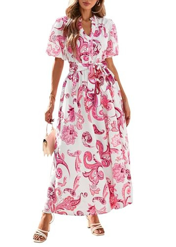 KIRUNDO Women Spring Summer Wedding Guest Boho Floral Maxi Dress Puff Sleeve Button Shirt V Neck Flowy Beach Vacation Dress(Light Pink, XX-Large) | Amazon (US)