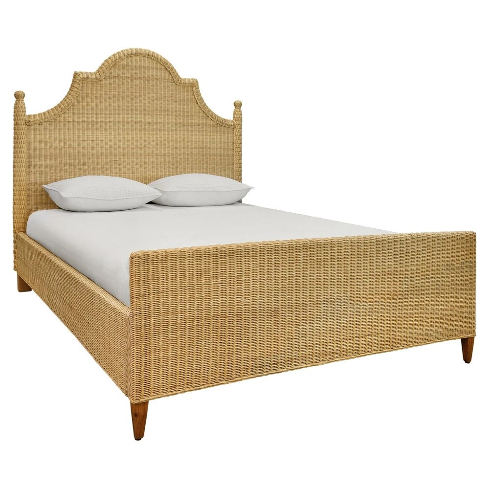 Worlds Away Chamberlain Coastal Beach Natural Woven Rattan Bed - Queen | Kathy Kuo Home