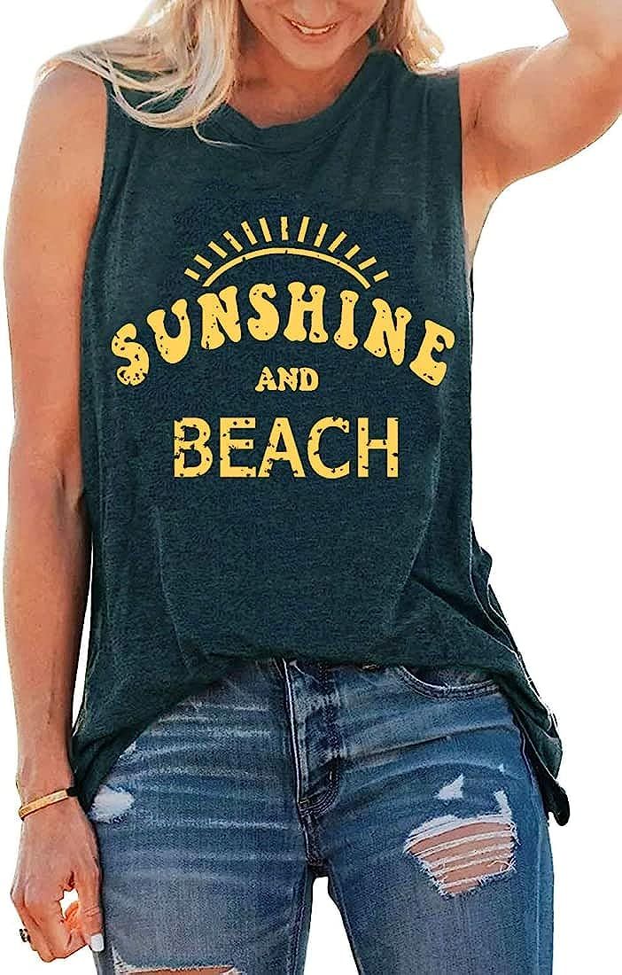 Tank Tops for Women Sunshine and Coffee Tank Top Funny Letter Print Vest Sleeveless T-Shirt Summe... | Amazon (US)
