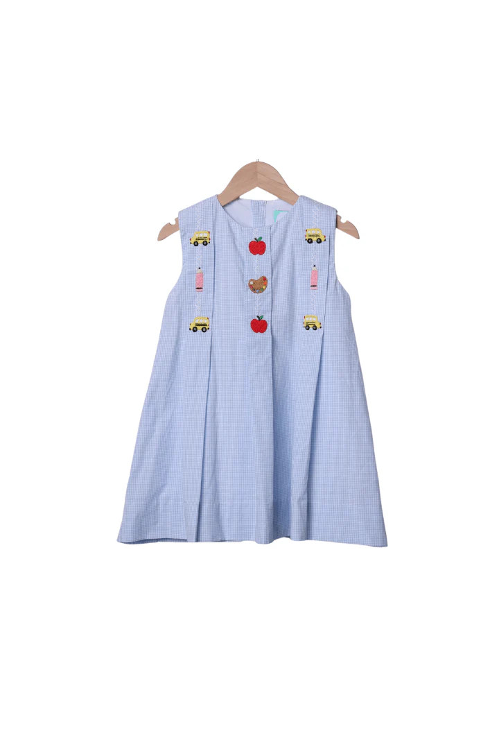 Embroidered School Days Blue Gingham Dress | The Smocked Flamingo