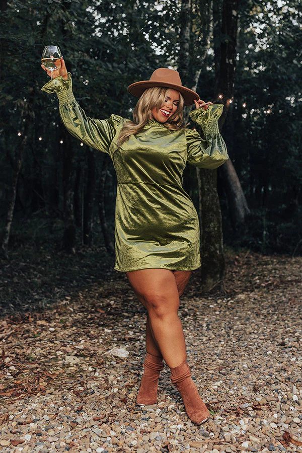 Fashionably Late Velvet Mini Dress In Olive Curves | Impressions Online Boutique
