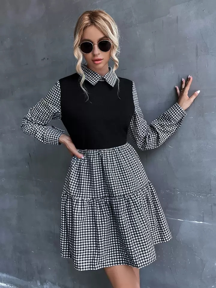 SHEIN LUNE Gingham Print Ruffle Hem Dress | SHEIN