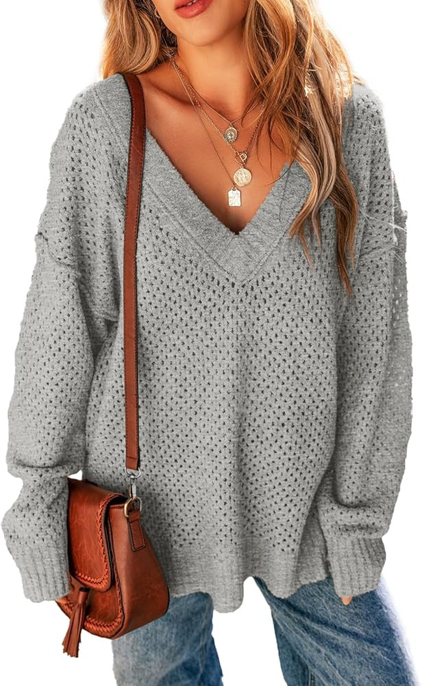 EVALESS Sweaters for Women 2024 Fall Winter Long Sleeve V Neck Crochet Sweater Hollow Out Knitwea... | Amazon (US)