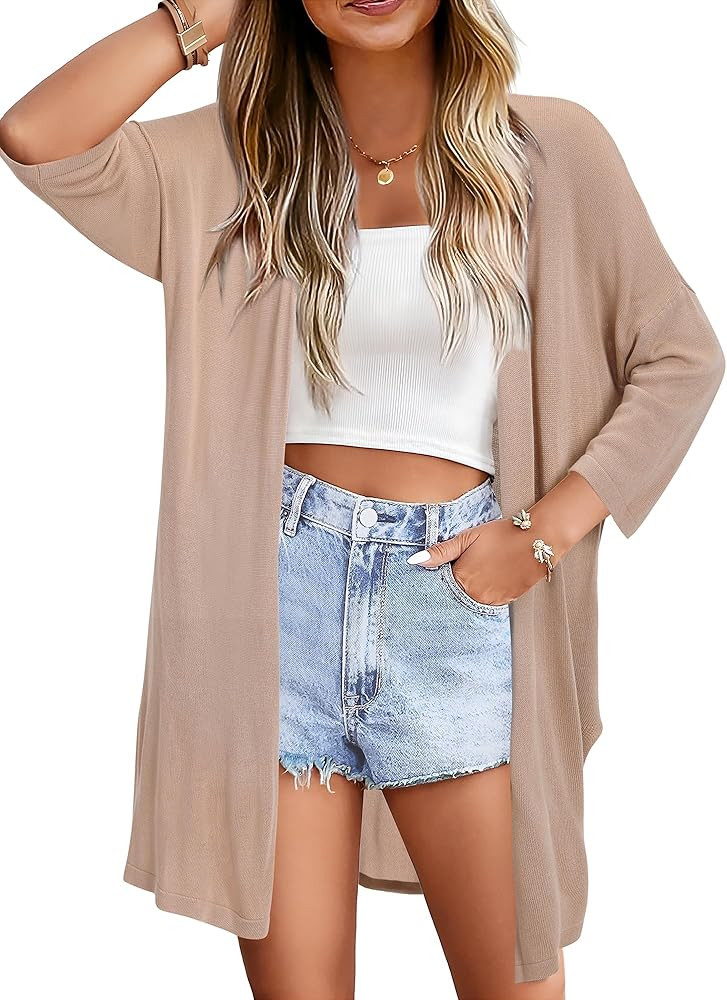 Arach&Cloz Womens 2024 Casual 3/4 Sleeve Open Front Cardigan Lightweight Kimono Summer Beach Cove... | Amazon (US)