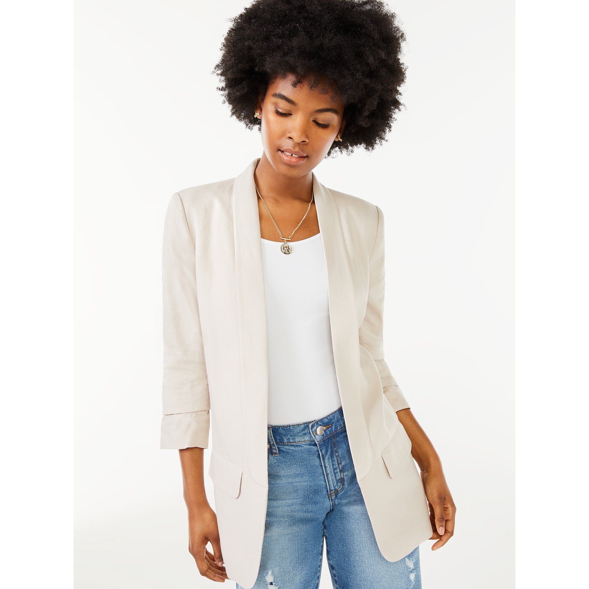 Scoop Women's Linen-Blend Blazer with Scrunch Sleeves | Walmart (US)