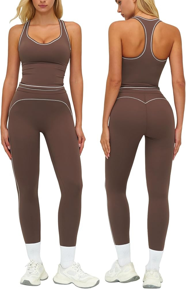 QBGJTD Womens Workout Set Two Piece Racerback Color Block Tank Top Matching High Waist Leggings G... | Amazon (US)