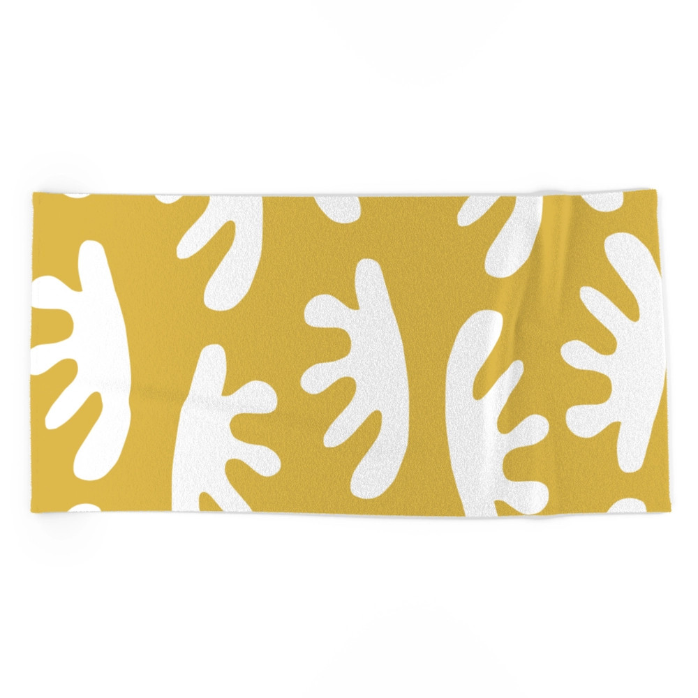 Dancing White Blobs Pattern on Mustard Yellow Beach Towel by kierkegaart | Society6